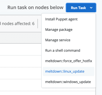 Run Task dropdown menu with meltdown::linux_update highlighted
