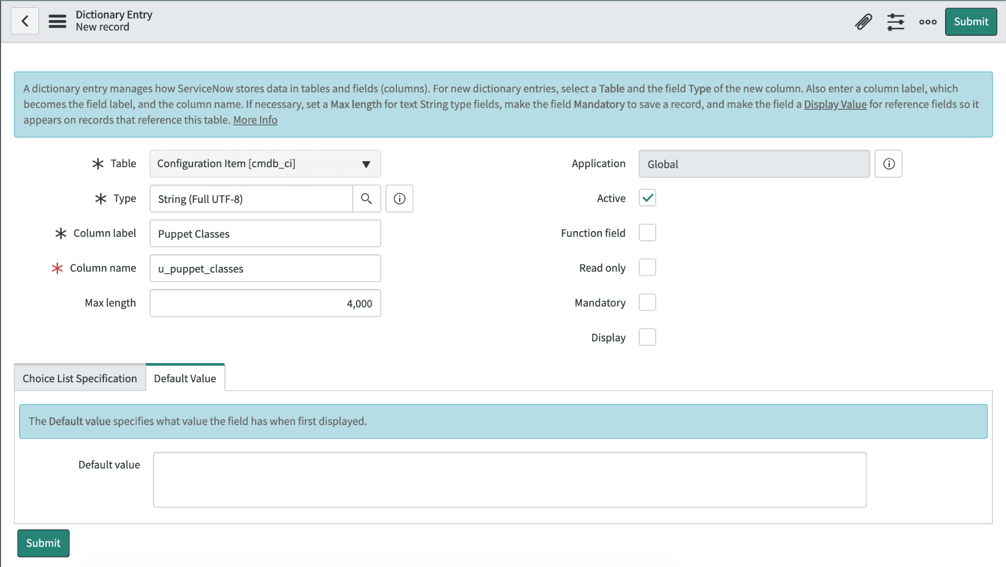 ServiceNow graphical interface, Dictionary Entry